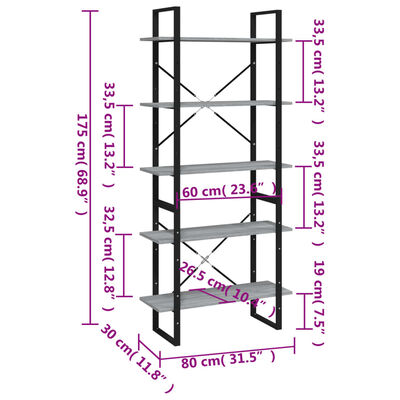 vidaXL Knihovna s 5 policemi šedá sonoma 80x30x175 cm kompozitní dřevo