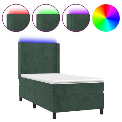 vidaXL Box spring postel s matrací a LED tmavě zelená 90x200 cm samet