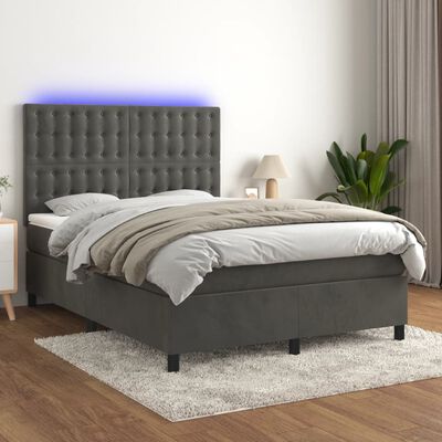 vidaXL Box spring postel s matrací a LED tmavě šedá 140x200 cm samet