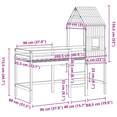 vidaXL Patrová postel s žebříkem a střechou 80 x 200 cm borovice