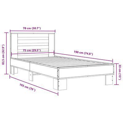 vidaXL Rám postele šedý sonoma 75 x 190 cm kompozitní dřevo a kov