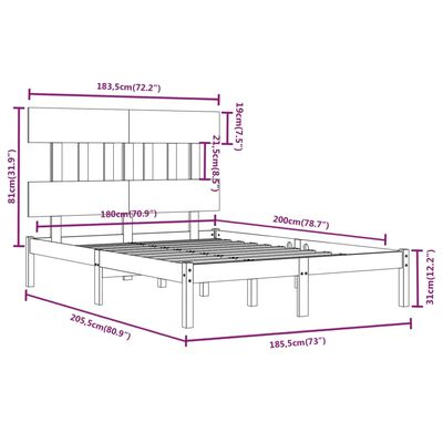 vidaXL Rám postele černý masivní borovice 180 x 200 cm Super King