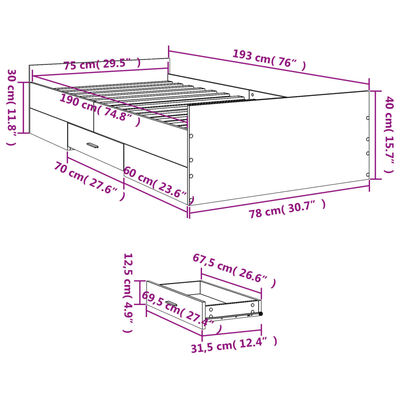 vidaXL Rám postele se zásuvkami betonově šedý 75 x 190 cm kompozit