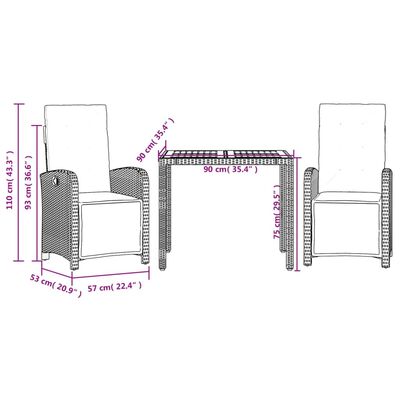 vidaXL 3dílný bistro set s poduškami černý polyratan