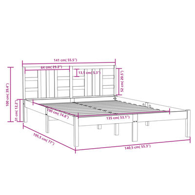 vidaXL Rám postele bílý masivní dřevo 135 x 190 cm dvojlůžko