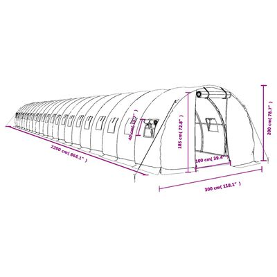 vidaXL Skleník s ocelovým rámem zelený 66 m² 22 x 3 x 2 m