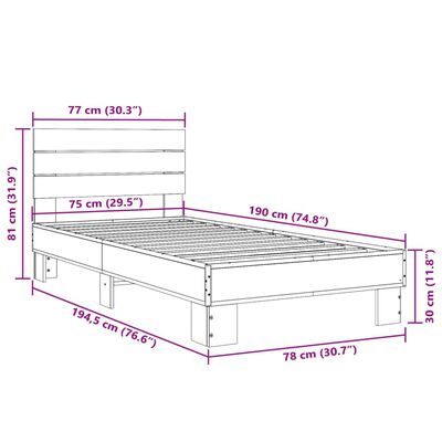 vidaXL Rám postele hnědý dub 75 x 190 cm kompozitní dřevo a kov