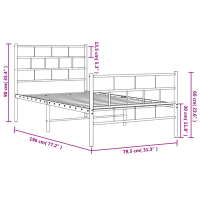 vidaXL Kovový rám postele s hlavovým a nožním čelem bílý 75 x 190 cm