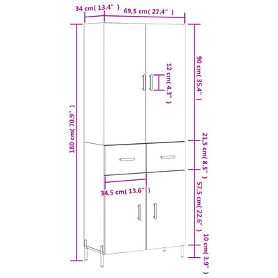 vidaXL Skříň highboard šedá sonoma 69,5 x 34 x 180 cm kompozitní dřevo