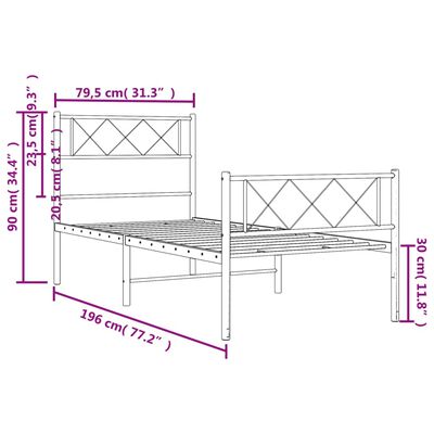 vidaXL Kovový rám postele s hlavovým a nožním čelem bílý 75 x 190 cm