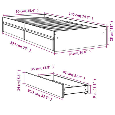 vidaXL Rám postele se zásuvkami kouřový dub 90x190 cm kompozitní dřevo