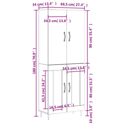 vidaXL Skříň highboard šedá sonoma 69,5 x 34 x 180 cm kompozitní dřevo