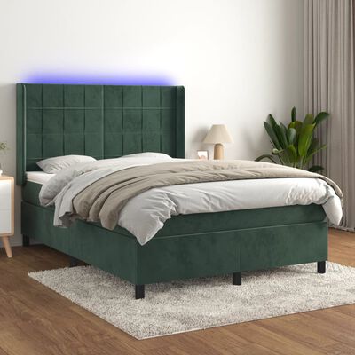 vidaXL Box spring postel s matrací a LED tmavě zelená 140x190 cm samet