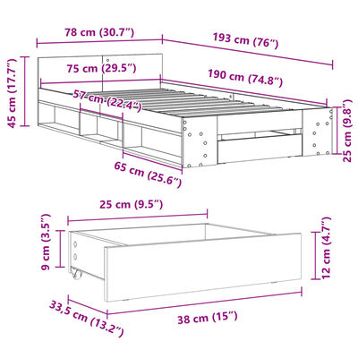 vidaXL Rám postele se zásuvkou dub sonoma 75 x 190 cm kompozitní dřevo