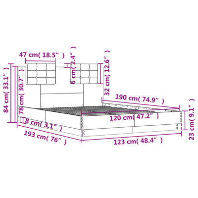 vidaXL Rám postele s čelem a LED osvětlením hnědý dub 120 x 190 cm