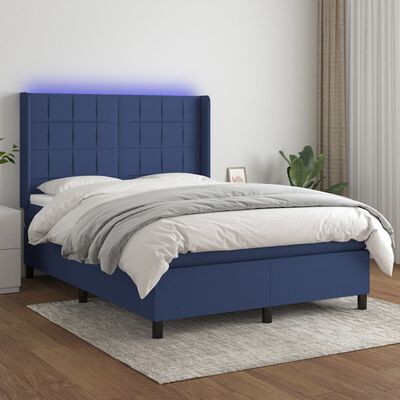 vidaXL Box spring postel s matrací a LED modrá 140x200 cm textil