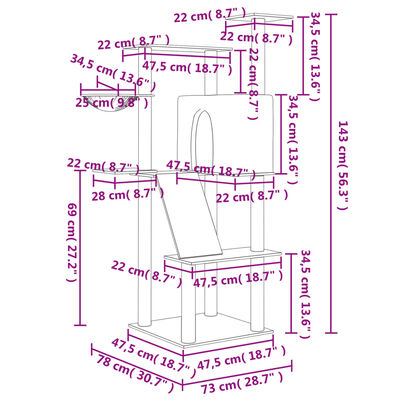 vidaXL Škrabadlo pro kočky se sisalovými sloupky krémové 143 cm