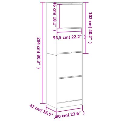 vidaXL Botník se 4 výklopnými zásuvkami betonově šedý 60 x 42 x 204 cm