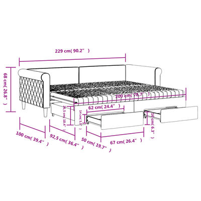 vidaXL Válenda s přistýlkou a zásuvkami tmavě šedá 90 x 200 cm samet