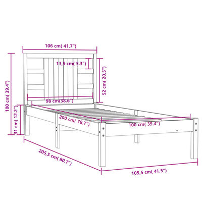 vidaXL Rám postele bílý masivní dřevo 100 x 200 cm