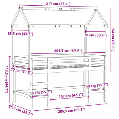 vidaXL Patrová postel s žebříkem a střechou bílá 80 x 200 cm borovice