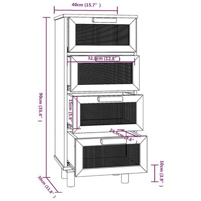 vidaXL Příborník bílý 40x30x90 cm masivní borovice a přírodní ratan