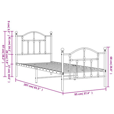 vidaXL Kovový rám postele s hlavovým a nožním čelem černý 90 x 200 cm