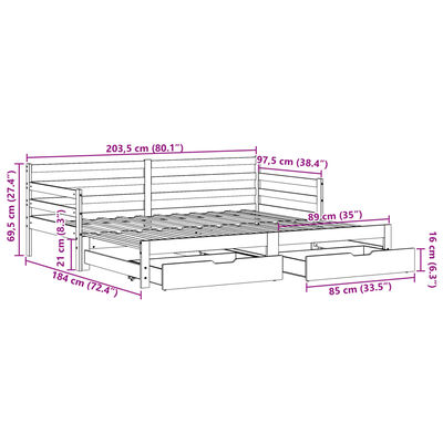 vidaXL Válenda s přistýlkou a zásuvkami bez matrace bílá 90x200 cm