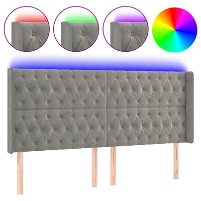 vidaXL Čelo postele s LED světle šedé 203 x 16 x 118/128 cm samet