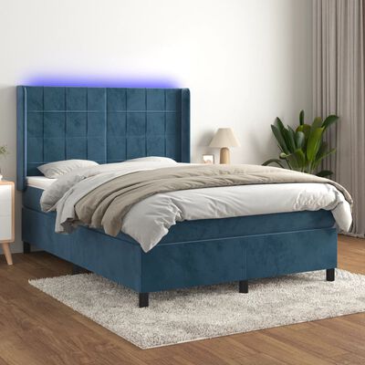 vidaXL Box spring postel s matrací a LED tmavě modrá 140x190 cm samet