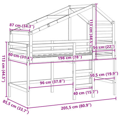 vidaXL Patrová postel s žebříkem a střechou 80 x 200 cm borovice