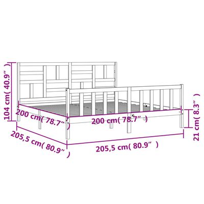 vidaXL Rám postele s čelem šedý 200 x 200 cm masivní dřevo