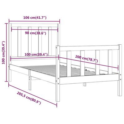 vidaXL Rám postele bílý masivní dřevo 100 x 200 cm