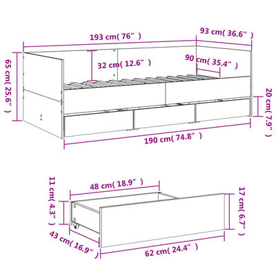 vidaXL Válenda se zásuvkami bez matrace hnědý dub 90 x 190 cm