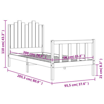 vidaXL Rám postele s čelem černý 90 x 200 cm masivní dřevo