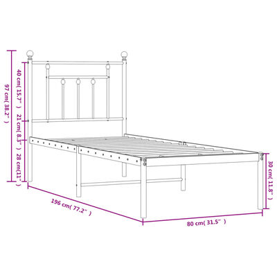 vidaXL Kovový rám postele bez matrace s čelem bílý 75 x 190 cm