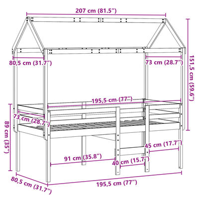 vidaXL Patrová postel se střechou 75 x 190 cm masivní borové dřevo