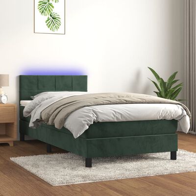 vidaXL Box spring postel s matrací a LED tmavě zelená 90x200 cm samet