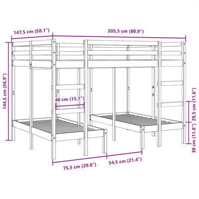 vidaXL Rám trojité patrové postele bílý 140x200/70x140 cm borovice