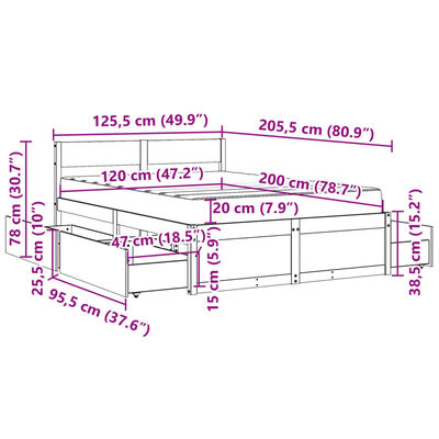 vidaXL Postel se zásuvkami a matrací 120 x 200 cm masivní borovice