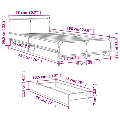 vidaXL Rám postele se zásuvkami dub sonoma 75x190 cm kompozitní dřevo