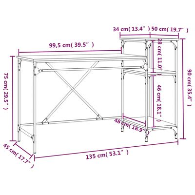 vidaXL Psací stůl s policemi hnědý dub 135x50x90 cm kompozit a železo