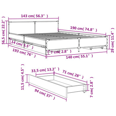 vidaXL Rám postele se zásuvkami černý 140 x 190 cm kompozitní dřevo