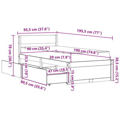 vidaXL Postel se zásuvkami a matrací bílá 90 x 190 cm masivní borovice