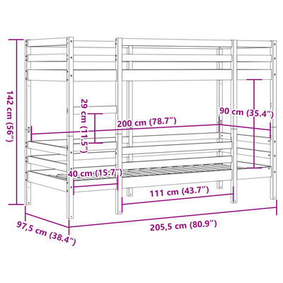 vidaXL Patrová postel bílá 90 x 200 cm masivní borové dřevo