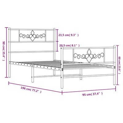 vidaXL Kovový rám postele s hlavovým a nožním čelem bílý 90 x 190 cm