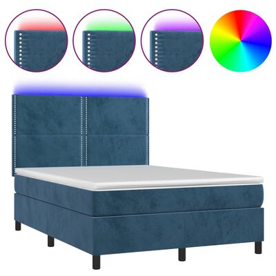 vidaXL Box spring postel s matrací a LED tmavě modrá 140x190 cm samet