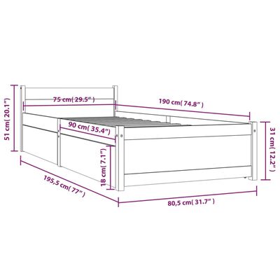 vidaXL Rám postele se zásuvkami bílý 75 x 190 cm Small Single