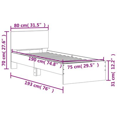 vidaXL Rám postele s čelem a LED osvětlením hnědý dub 75 x 190 cm