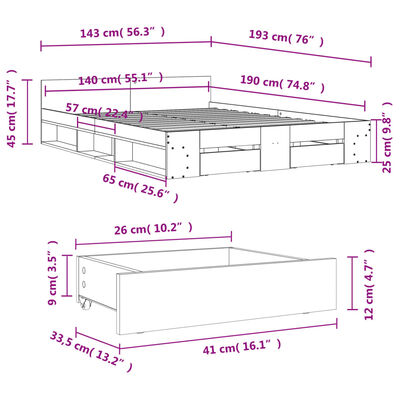 vidaXL Rám postele se zásuvkami kouřový dub 140 x 190 cm kompozit